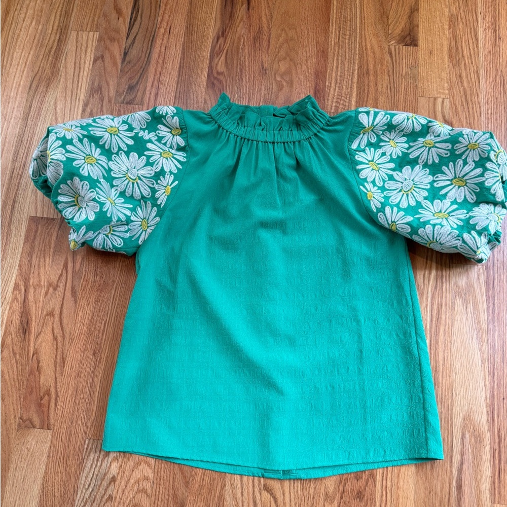THML Green Blouse with Floral Puff Sleeves